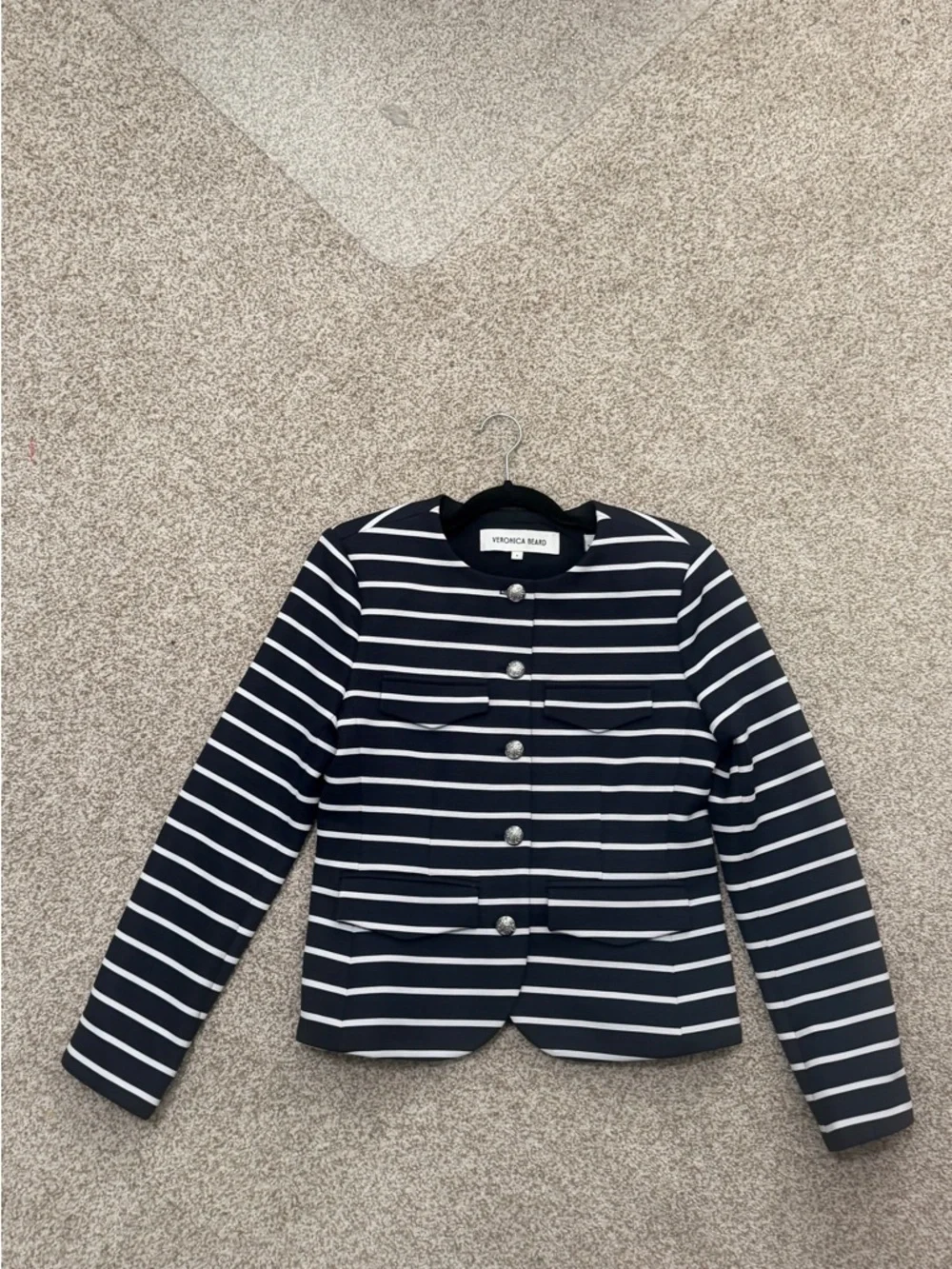 Veronica Beard Navy and White Striped Cropped Jacket with Silver Buttons - Picture 1 of 5